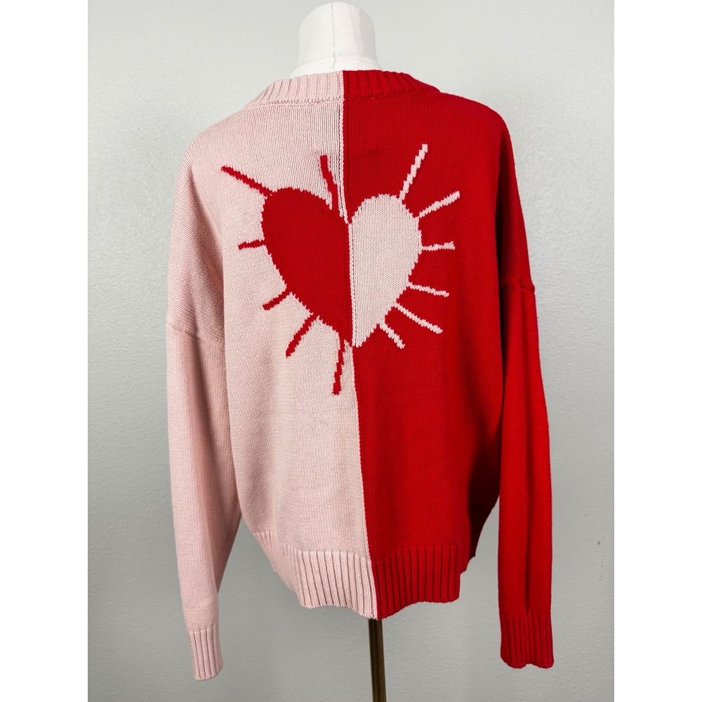 Kerri Rosenthal Radiant Heart Pullover Sweater Red Pink V-Neck Size L